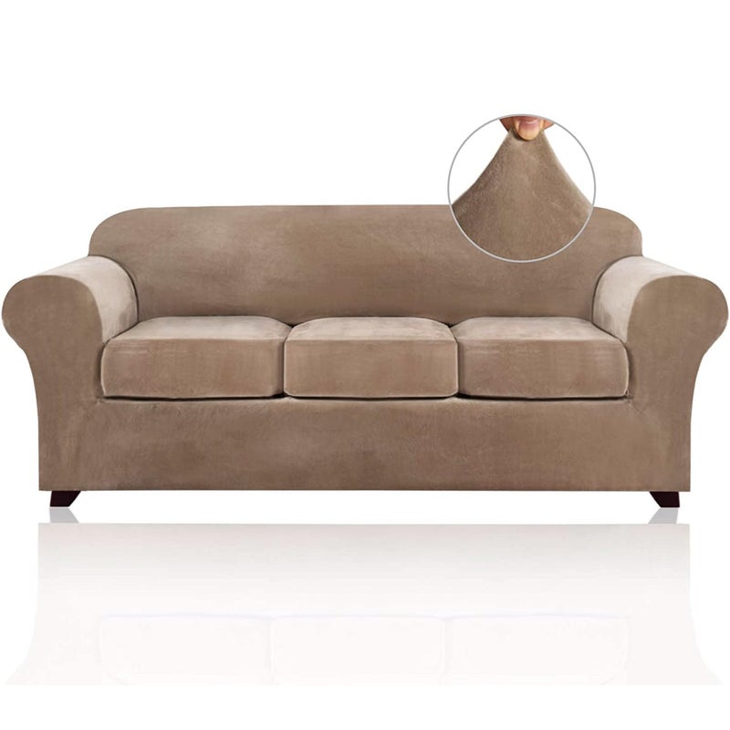 PrinceDeco Velvet Couch Covers for Sofa Soft 4 Pieces Couch Covers for 3 Cushion Couch Sofa Pet Friendly Furniture Protector with Non Slip Elastic Bottom Width Up to 90 Inch (Large, Camel) - Image 1
